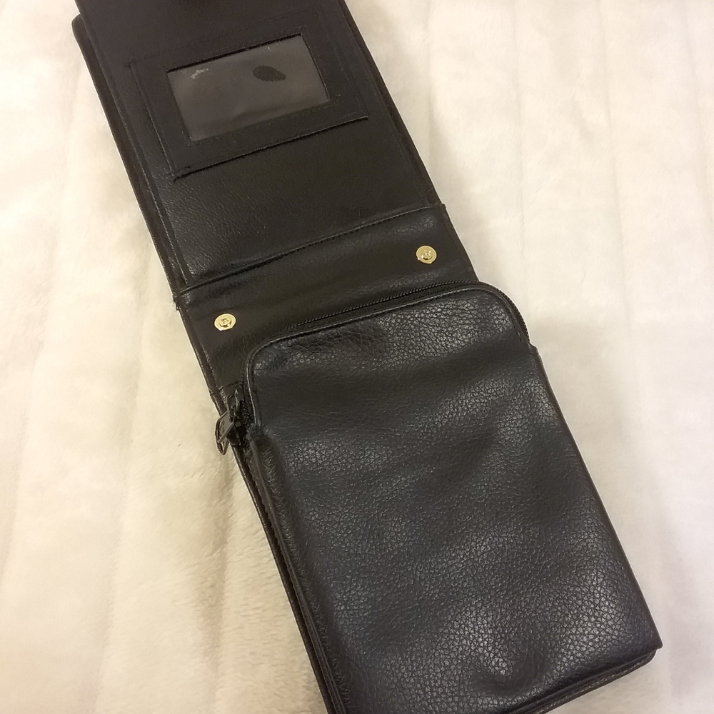 Black Leather Crossbody Bag with Multiple Pockets, - Picture 3 of 4